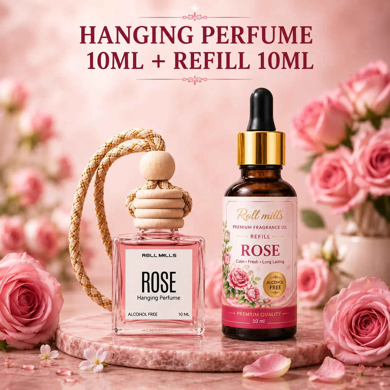 Rose Fresh Premium Hanging Perfume – 10ml (Elegant Rose Aroma Diffuser) 10 ml + 10 ml Refiller 