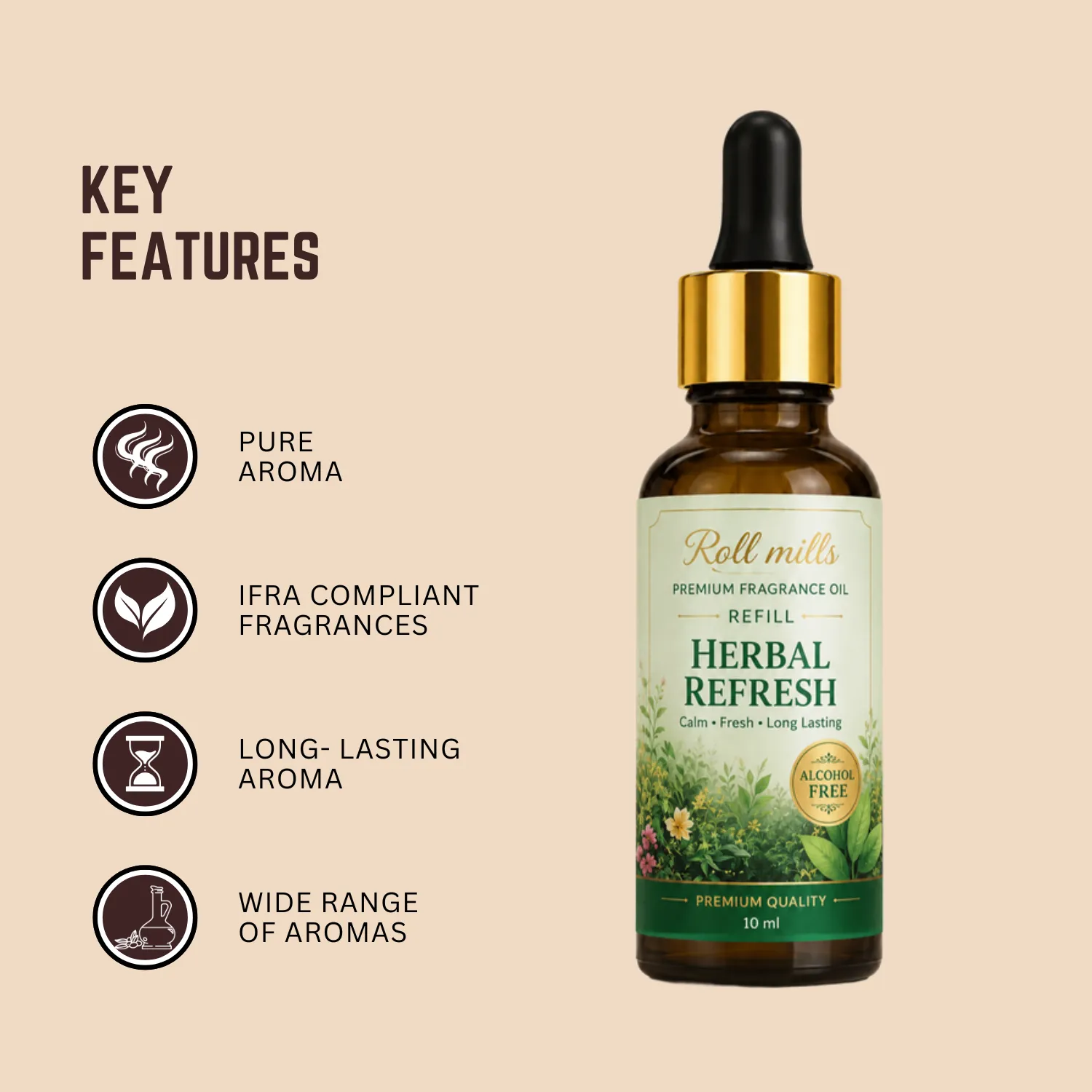 herbal refresh fragrance oil, alcohol free herbal, roll mills