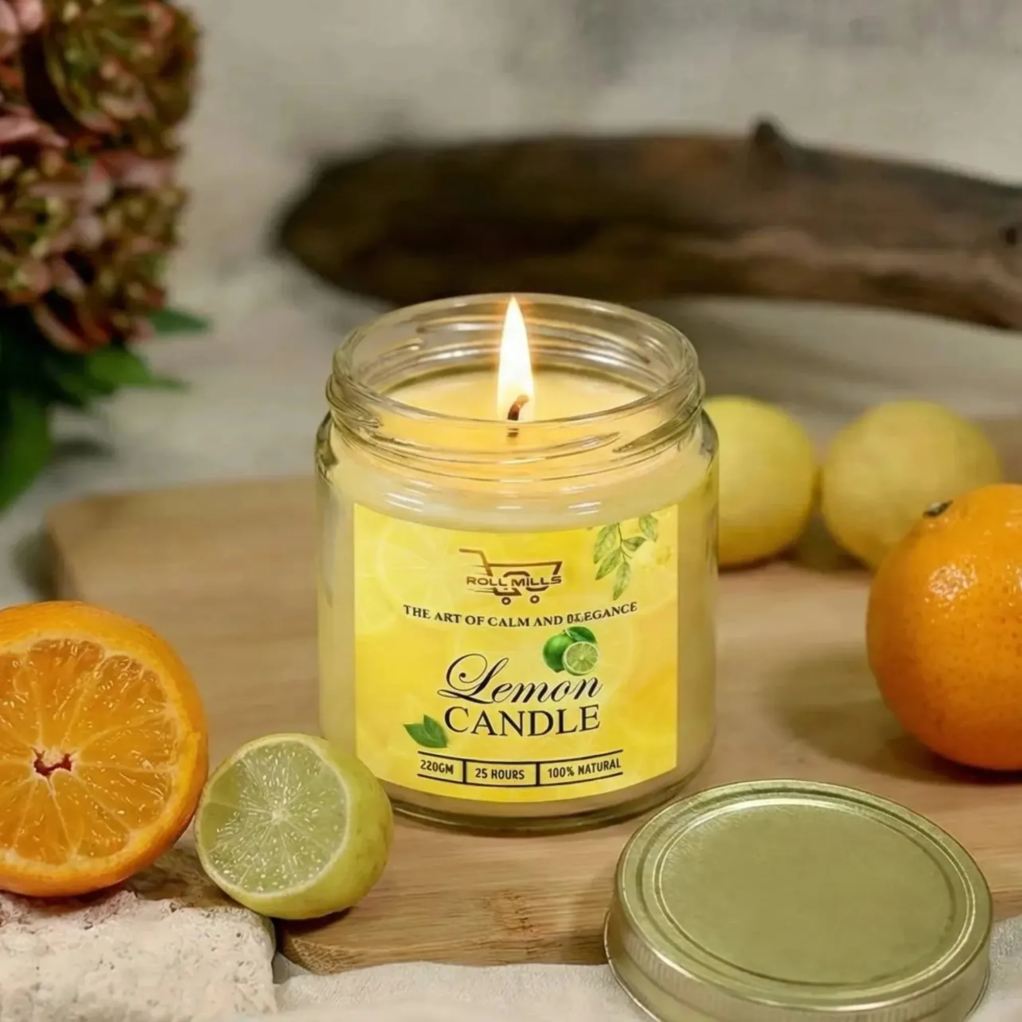lemon scented candle, citrus aroma candle, lemon fragrance candle, jar candle for home décor, fresh scented candle, aromatherapy lemon candle, long burning candle, premium wax candle, home fragrance candle, natural scented candle