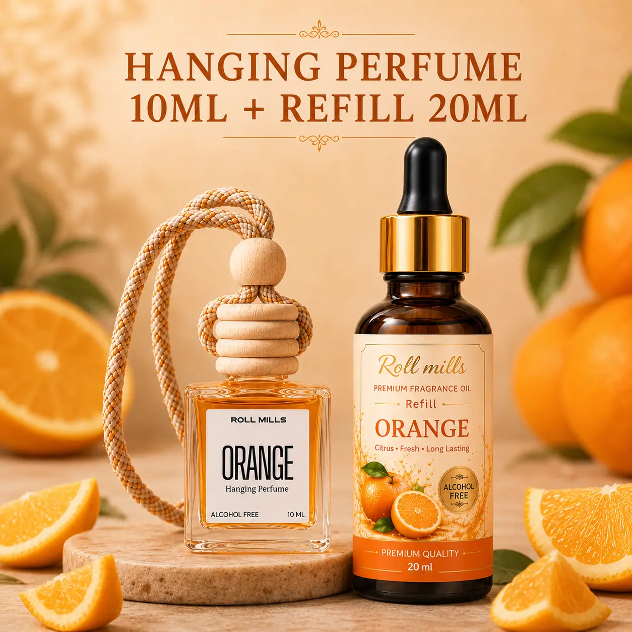 Premium Alcohol-Free Orange Hanging Car Perfume by Roll Mills – Long-Lasting Citrus Fresh Aroma Diffuser for Car & Home (10ml)