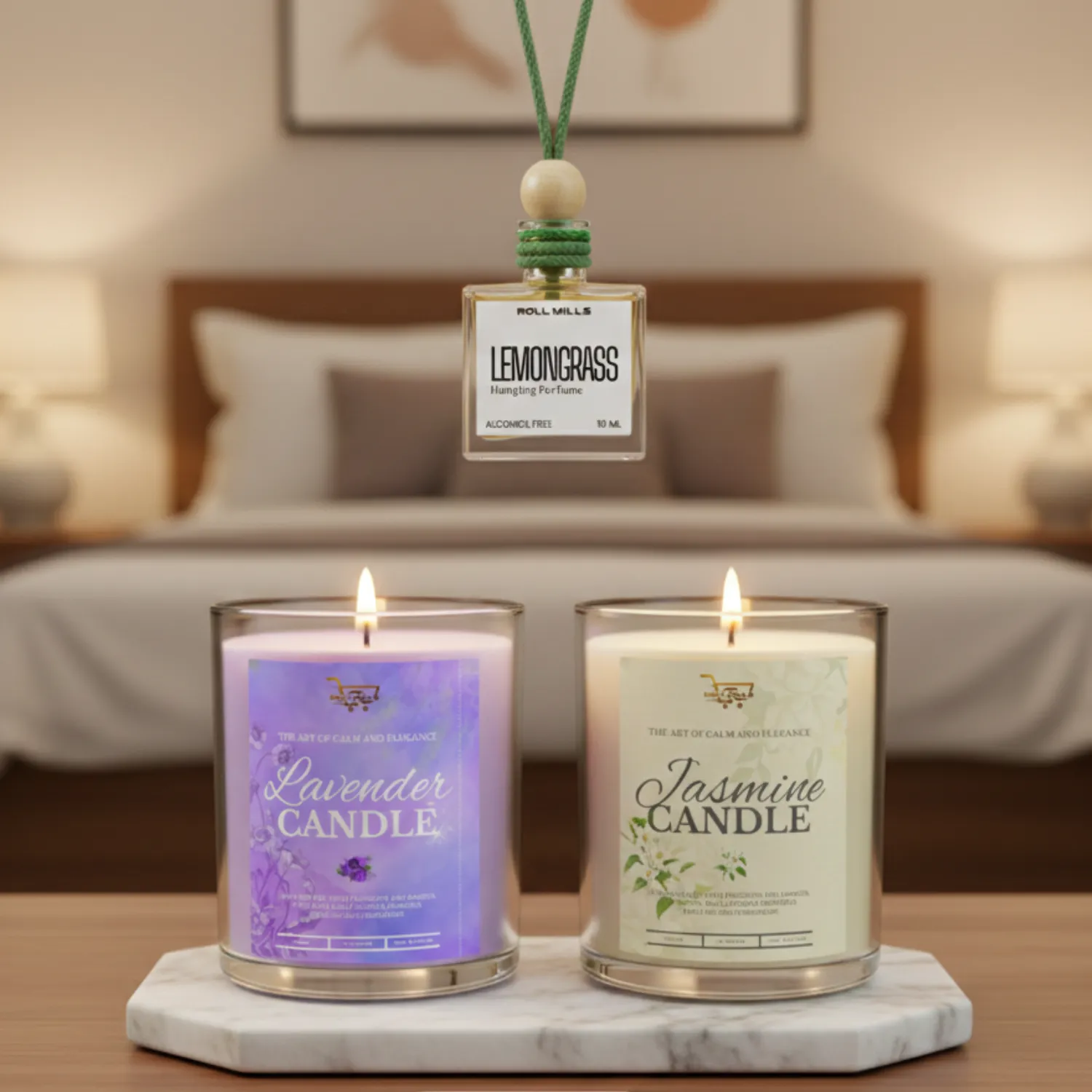 bedroom aromatherapy, relaxation gift set, soy candle for sleep, Roll Mills home fragrance, luxury scent kit.