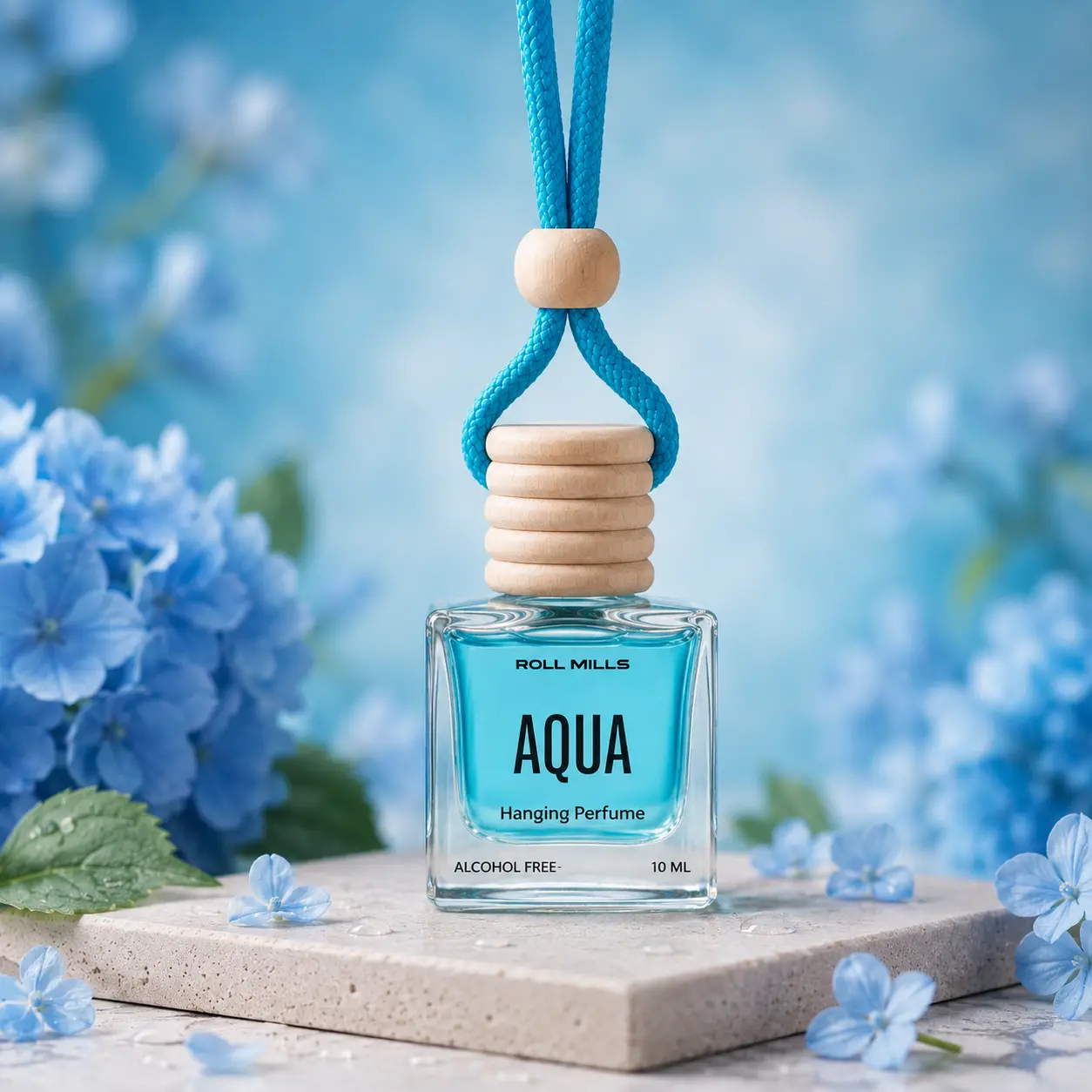 Premium Alcohol-Free Aqua Hanging Car Perfume by Roll Mills – Fresh Ocean Breeze Aroma Diffuser for Car & Home (10ml)