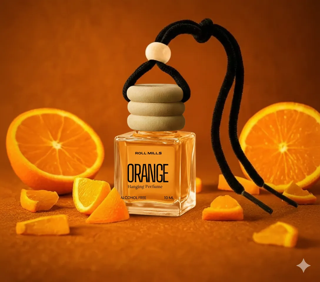 Premium Alcohol-Free Orange Hanging Car Perfume by Roll Mills – Long-Lasting Citrus Fresh Aroma Diffuser for Car & Home (10ml)