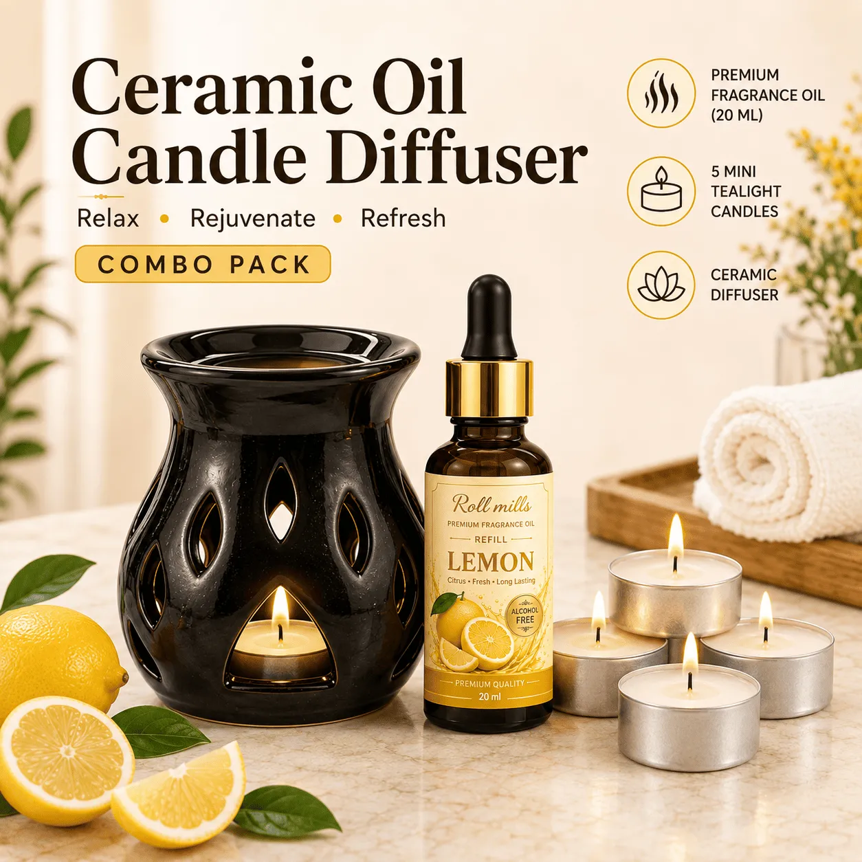 lemon oil diffuser, ceramic diffuser, lemon fragrance oil