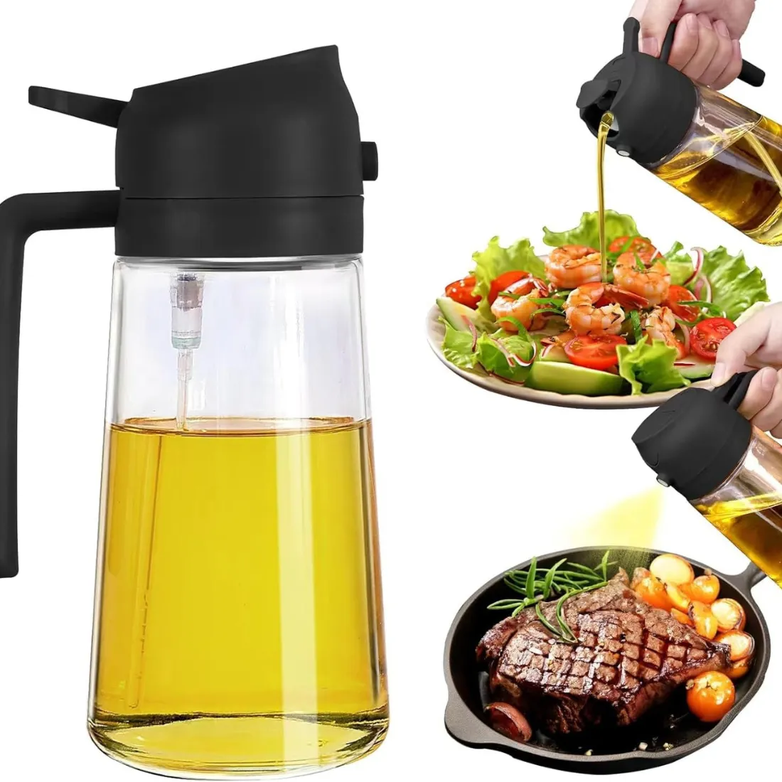 2-in-1 Oil Dispenser and Sprayer 500 ml– Glass Bottle, Mist + Pour