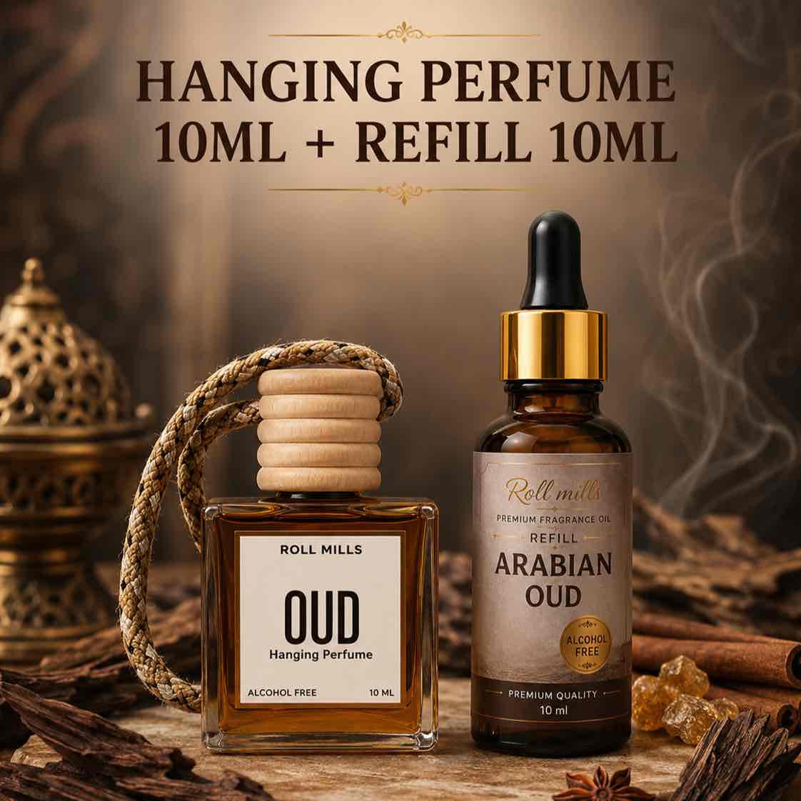 OUD Premium Alcohol-Free Hanging Perfume – 10ml Luxury Long-Lasting Wooden Cap Fragrance Diffuser || Roll Mills 10 ml + 10 ml Refiller 