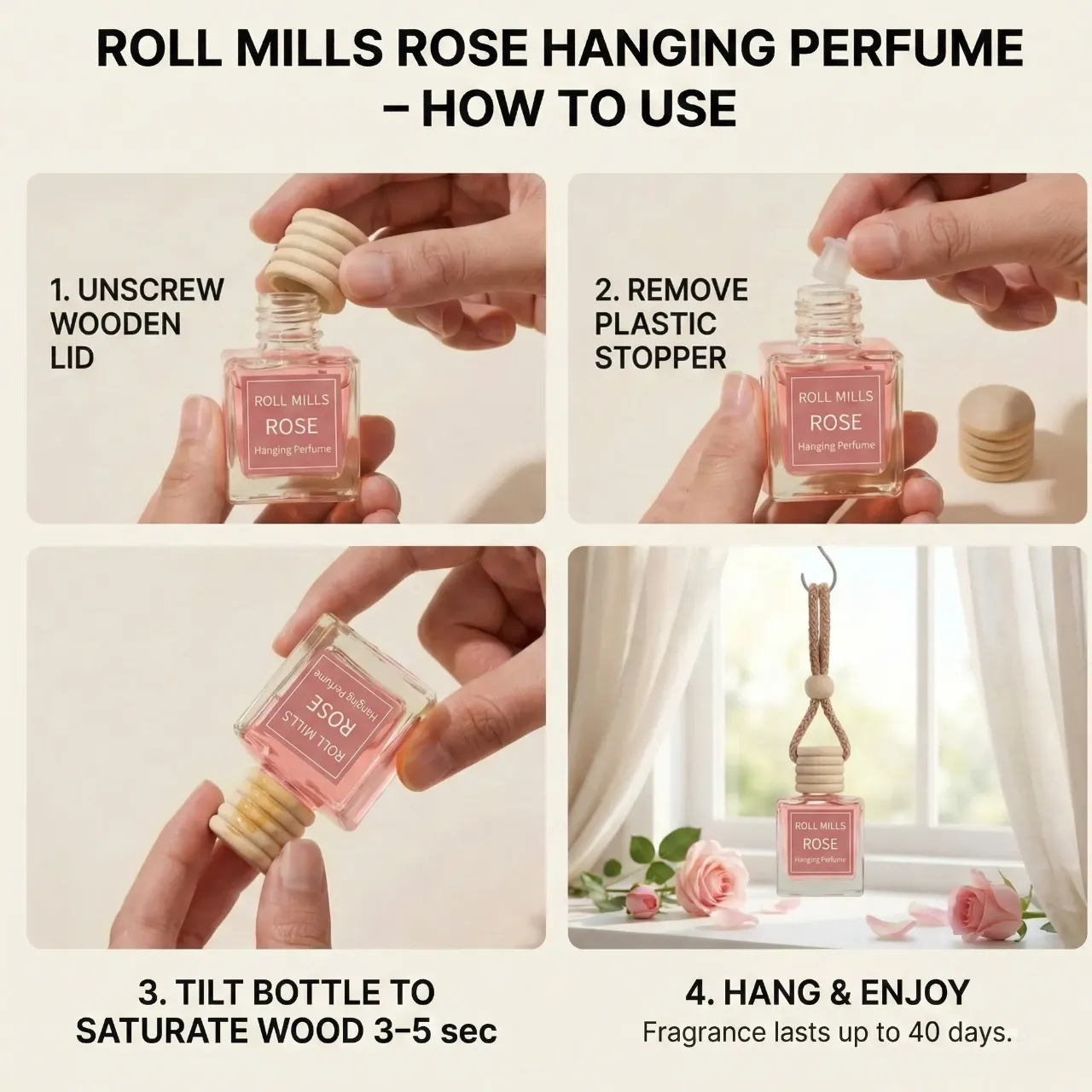 Buy Rose Fresh Premium Hanging Perfume 10ml with elegant rose fragrance. Alcohol-free hanging aroma diffuser for cars, wardrobes & small spaces. Long-lasting freshness.