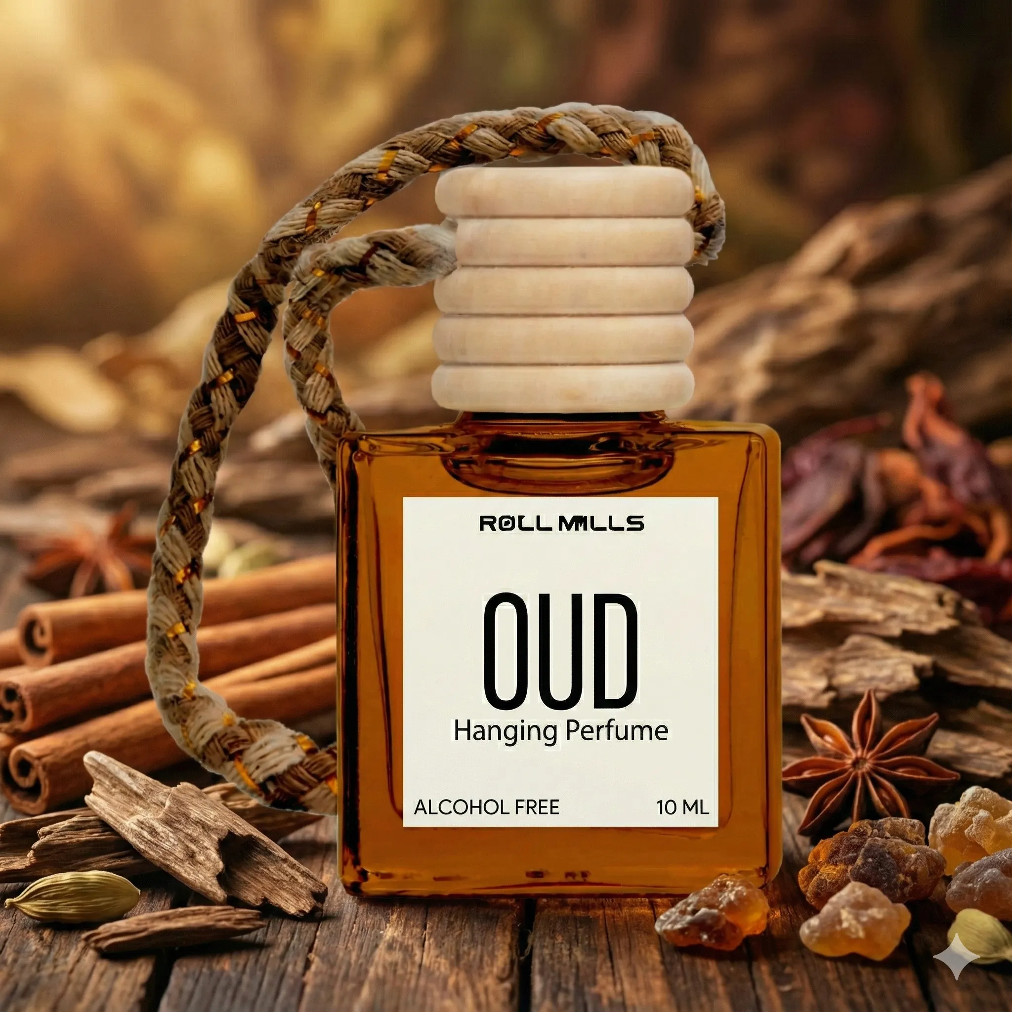 Roll Mills 10ml Alcohol-Free OUD Hanging Car Perfume – Premium Wooden Cap Diffuser | Long-Lasting Aroma