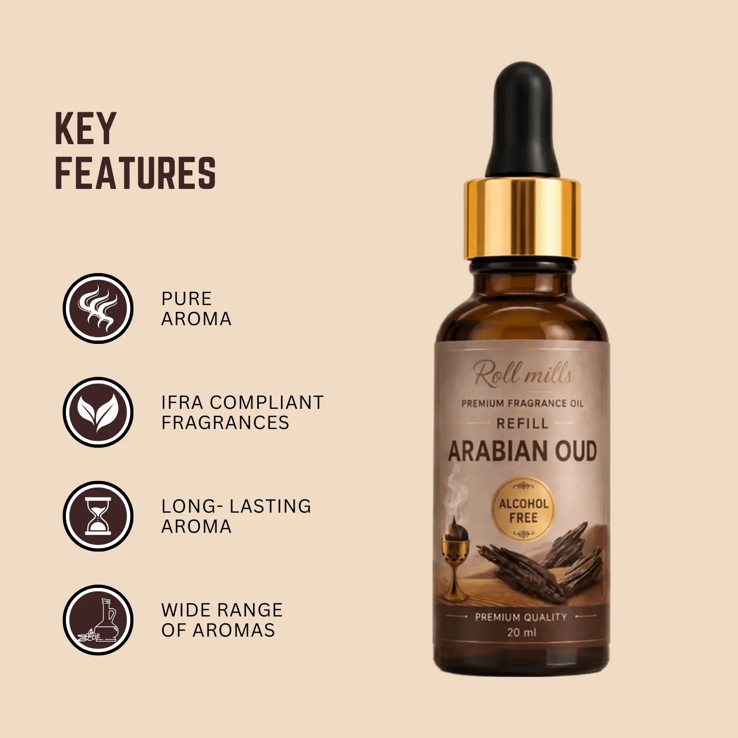 arabian oud fragrance oil, alcohol free oud, roll mills refiller