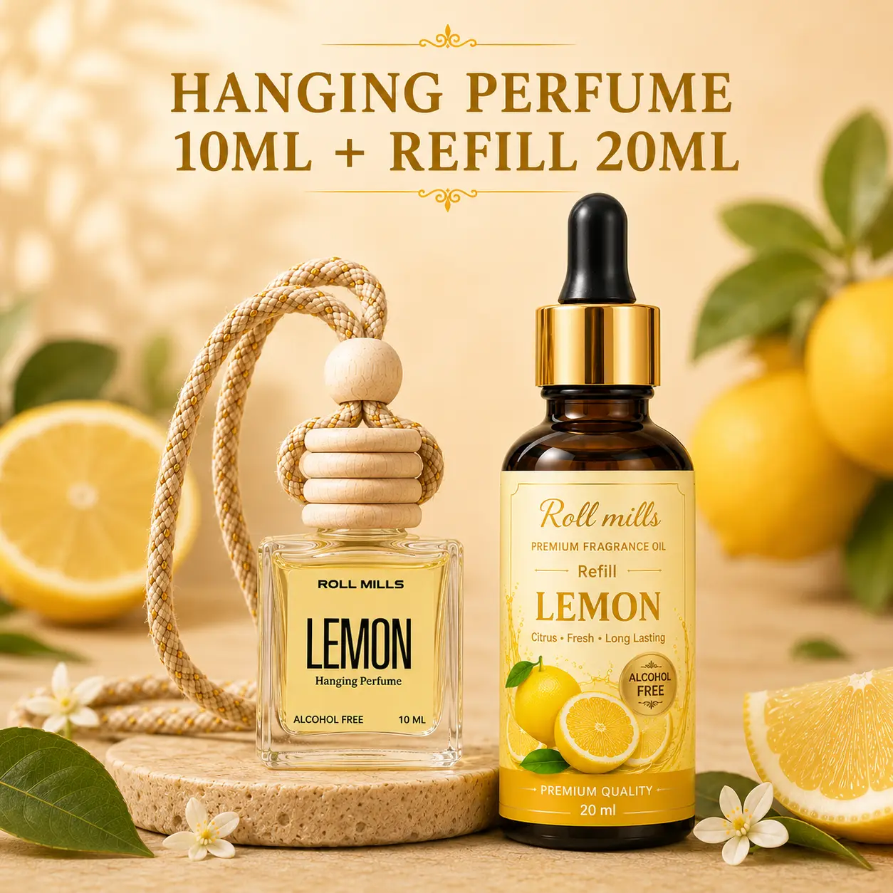 Roll Mills Alcohol-Free Lemon Hanging Car Perfume – 10ml Long-Lasting Citrus Fresh Aroma Diffuser for Car, Home & Office