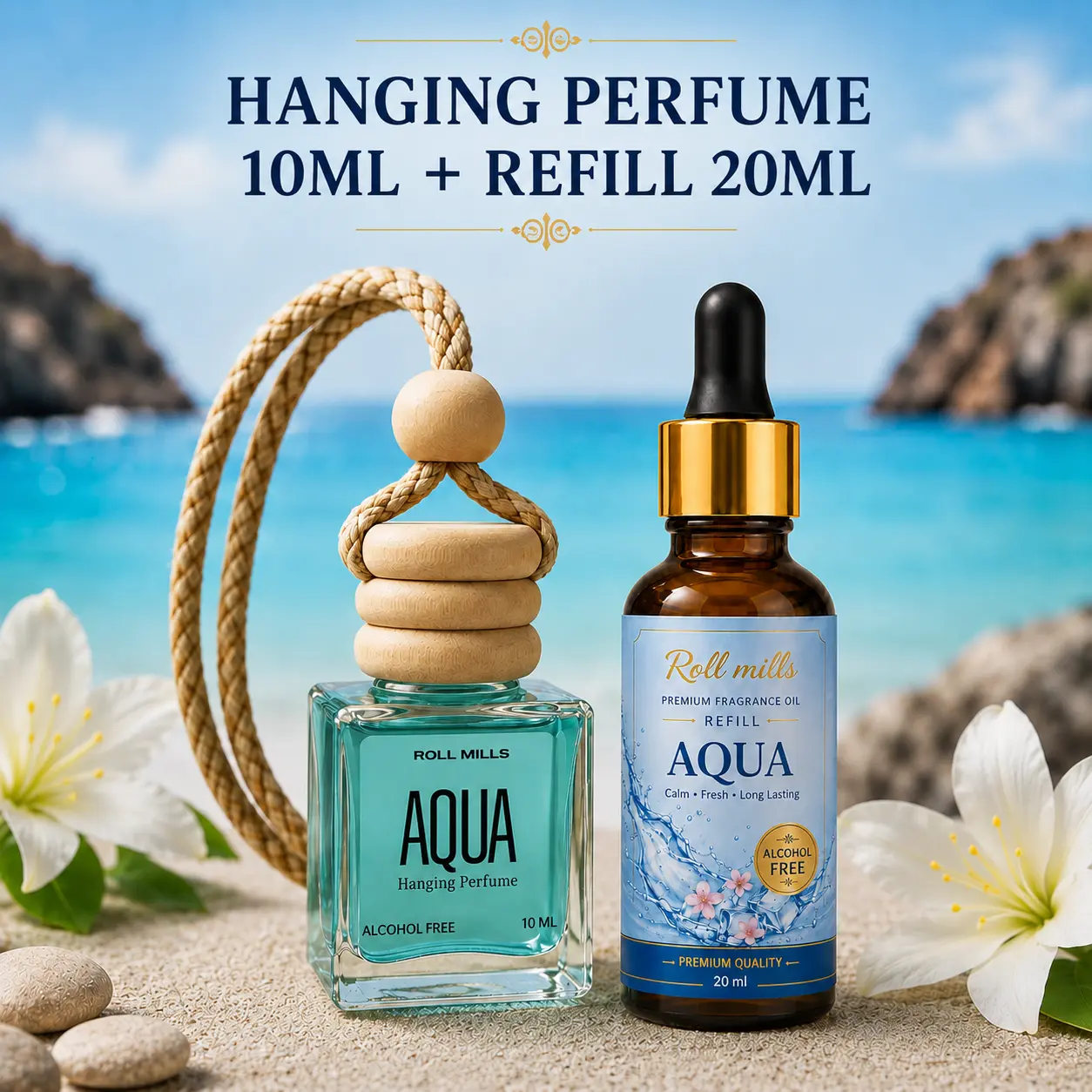 Premium Alcohol-Free Aqua Hanging Car Perfume by Roll Mills – Fresh Ocean Breeze Aroma Diffuser for Car & Home (10ml)