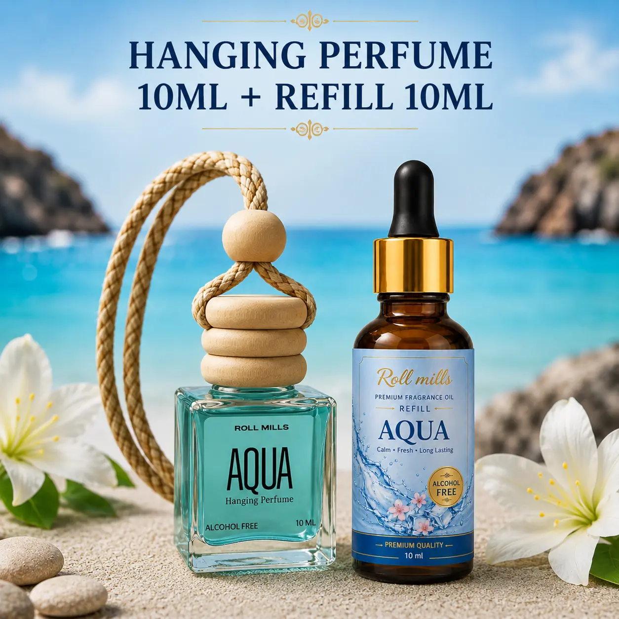Aqua Premium Alcohol-Free Hanging Perfume – 10ml Fresh Ocean Breeze Aroma Diffuser | Roll Mills 10 ml + 10 ml Refiller 