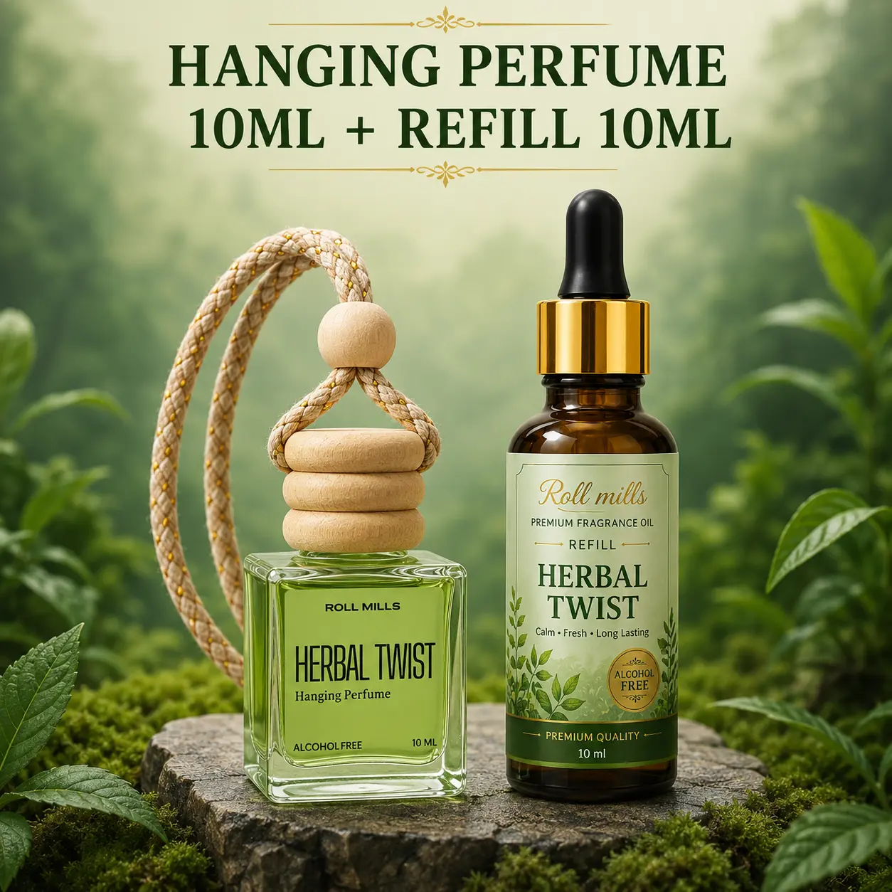 Herbal Twist Premium Alcohol-Free Hanging Perfume – 10ml Natural Fresh Aroma Diffuser | Roll Mills 10 ml + 10 ml Refiller 