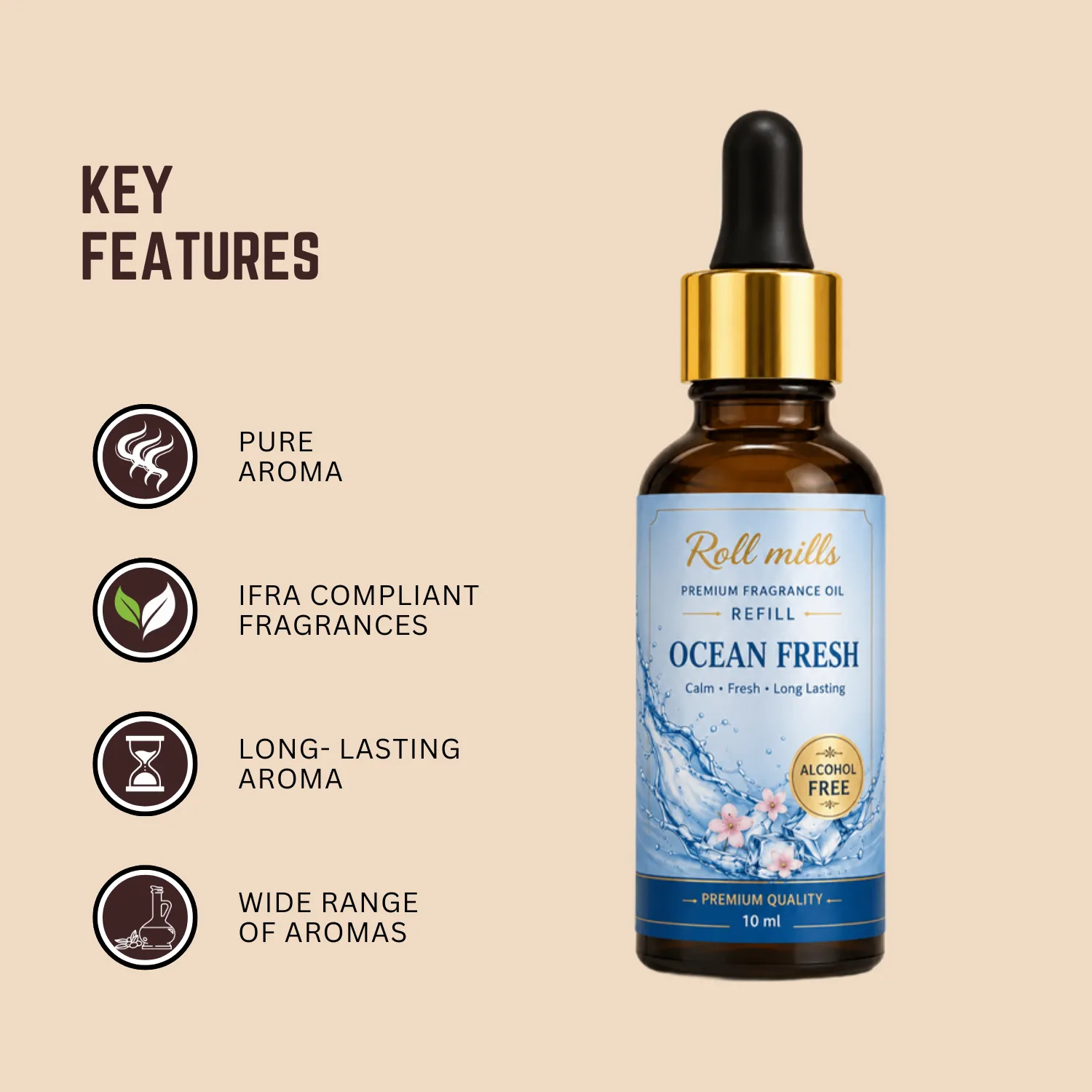 Aqua Premium Alcohol-Free Hanging Perfume – 10ml Fresh Ocean Breeze Aroma Diffuser | Roll Mills 10 ml + 10 ml Refiller 