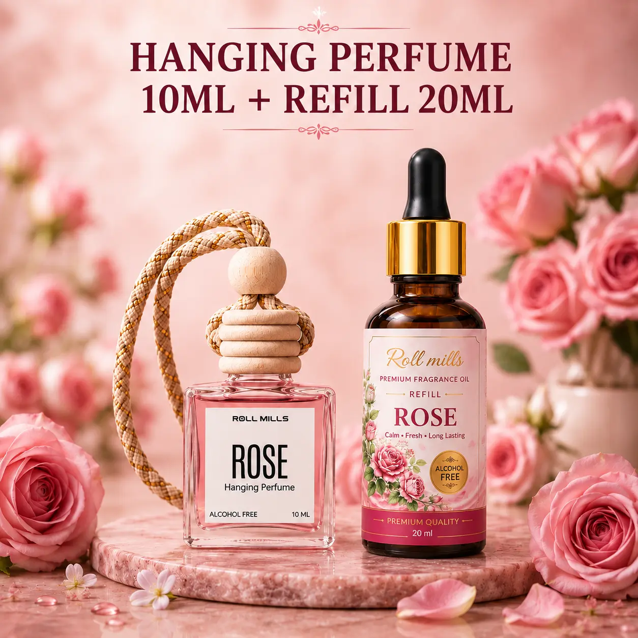 Buy Rose Fresh Premium Hanging Perfume 10ml with elegant rose fragrance. Alcohol-free hanging aroma diffuser for cars, wardrobes & small spaces. Long-lasting freshness.