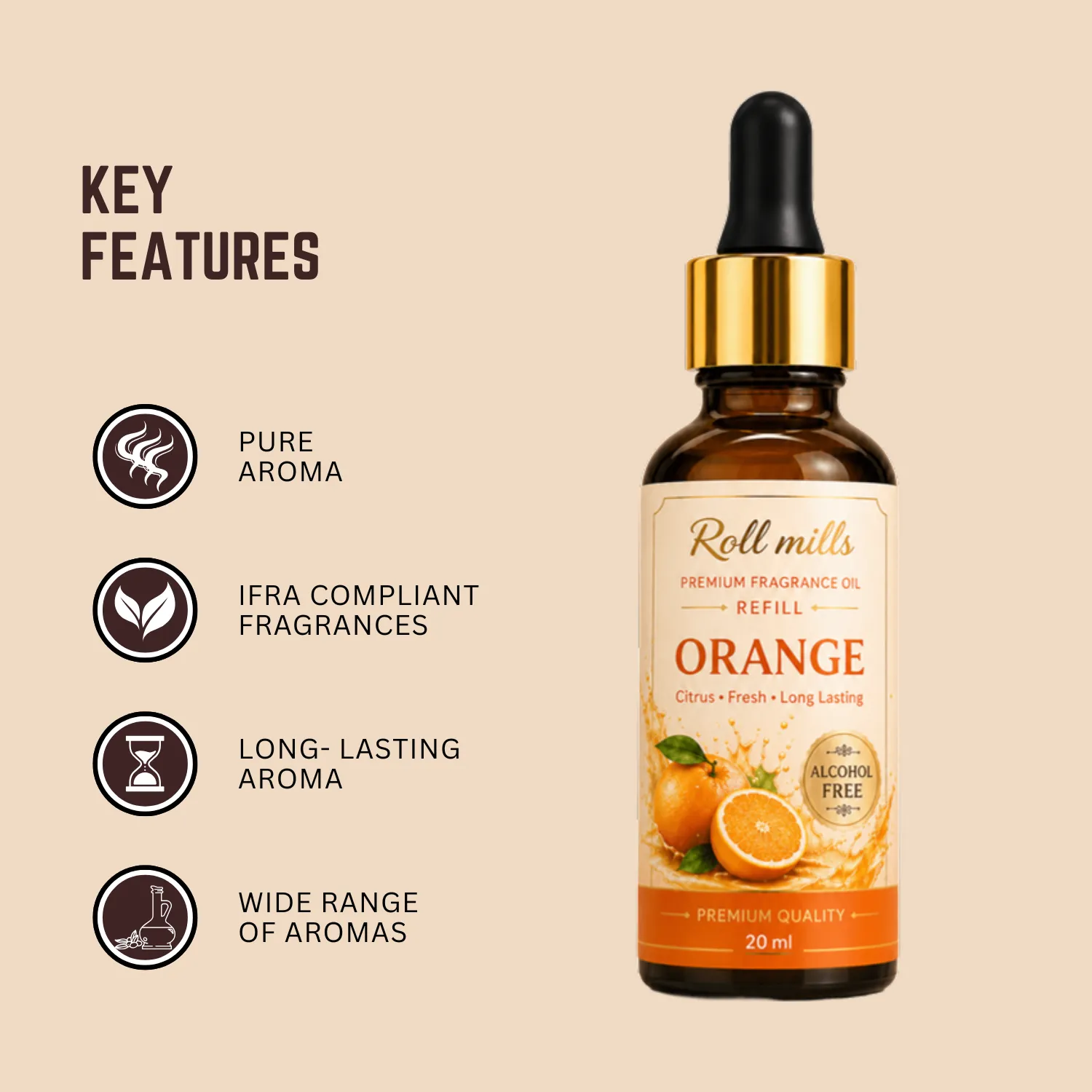 orange fragrance oil, alcohol free citrus, roll mills refiller