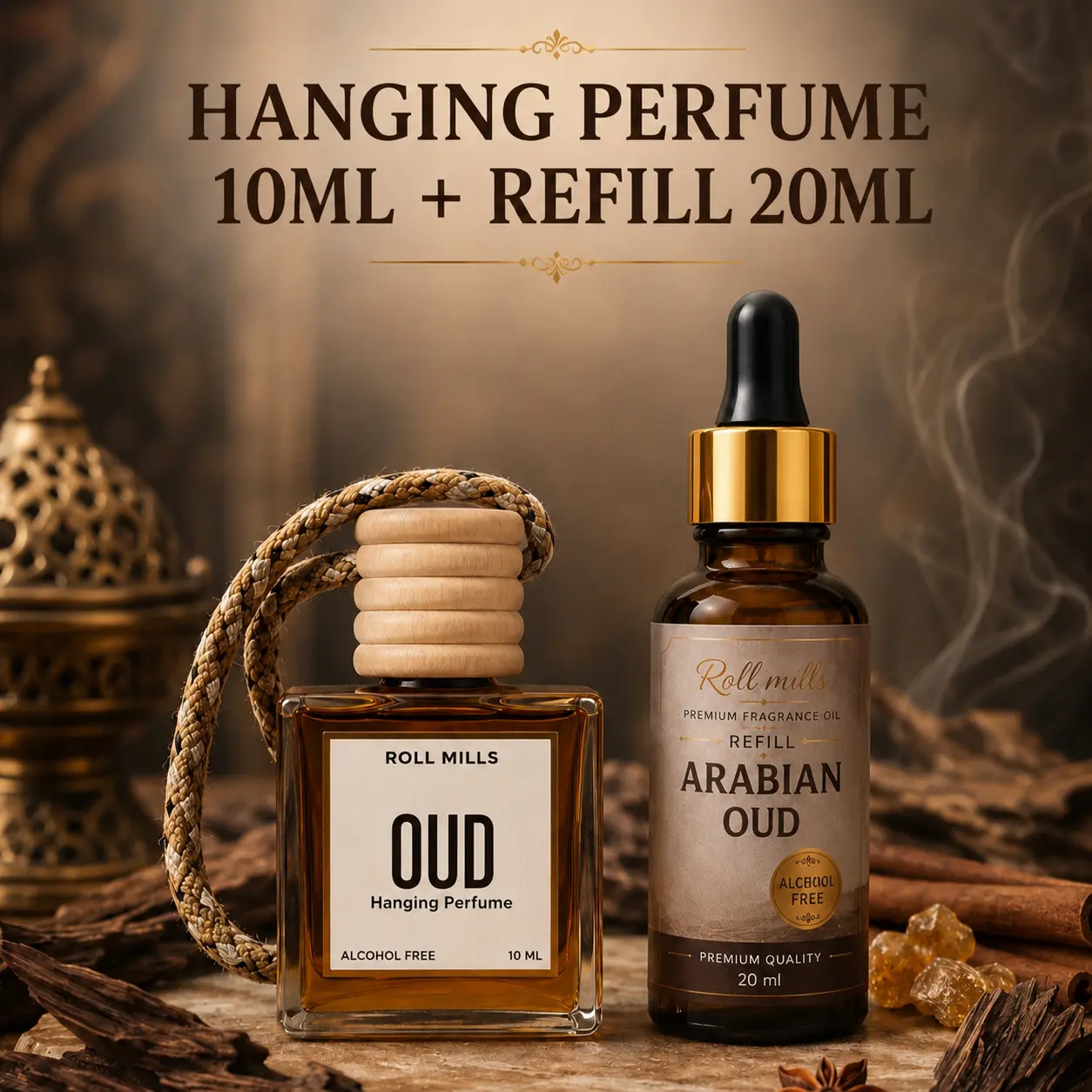 Roll Mills 10ml Alcohol-Free OUD Hanging Car Perfume – Premium Wooden Cap Diffuser | Long-Lasting Aroma