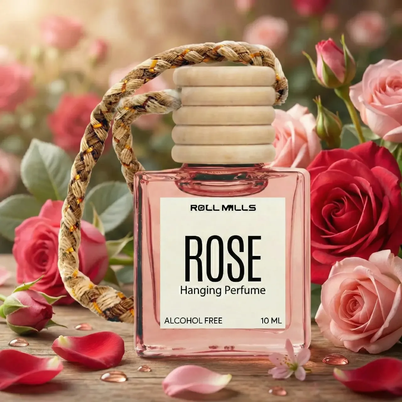 Buy Rose Fresh Premium Hanging Perfume 10ml with elegant rose fragrance. Alcohol-free hanging aroma diffuser for cars, wardrobes & small spaces. Long-lasting freshness.