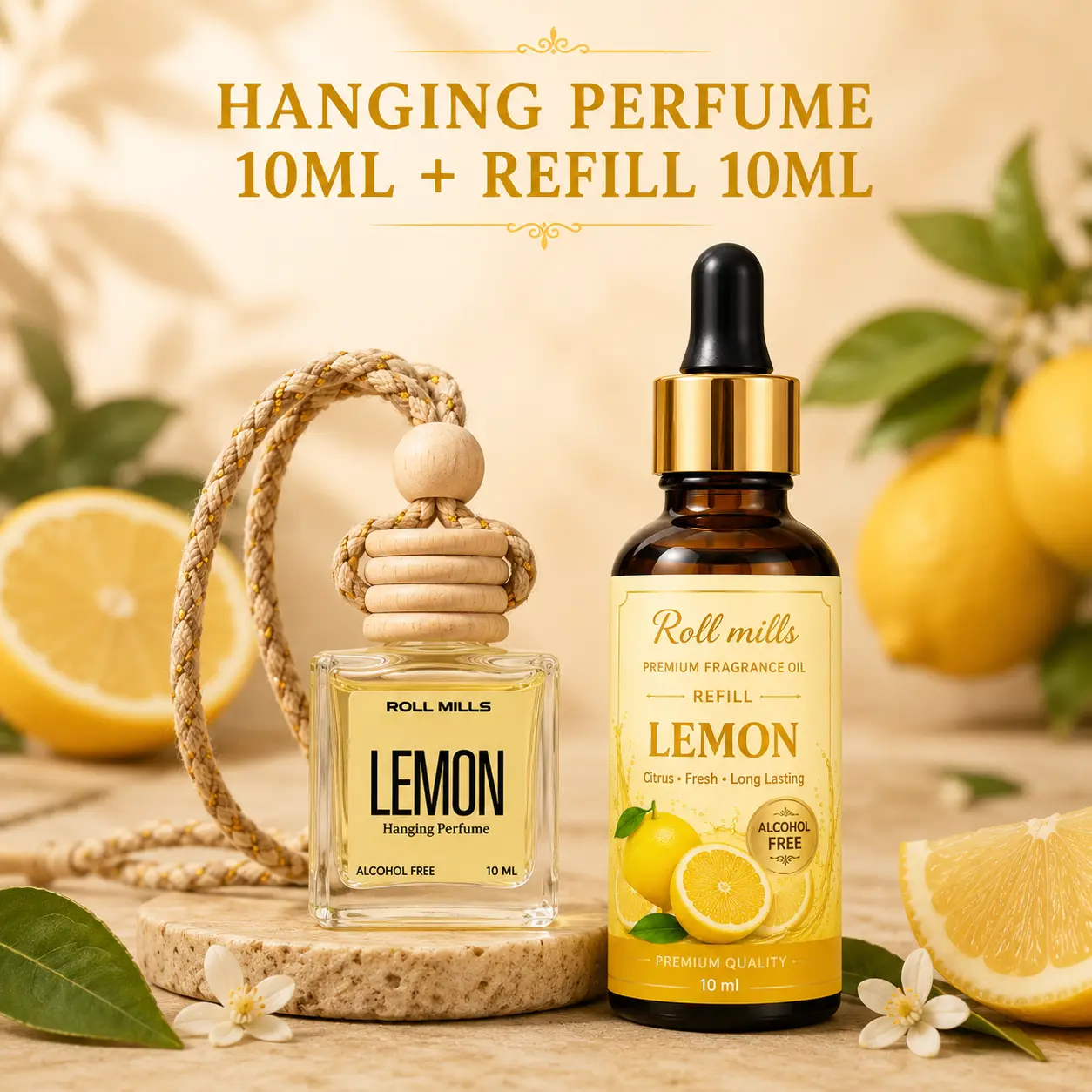 Roll Mills Alcohol-Free Lemon Hanging Car Perfume – 10ml Long-Lasting Citrus Fresh Aroma Diffuser for Car, Home & Office