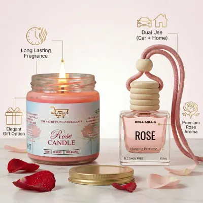 Rose Luxury Combo Set – 100% Soy Wax Scented Candle (120g, 40 Hours Burn) + Alcohol-Free Rose Car Hanging Perfume (10ml, 45 Days Long Lasting) | Gift Set for Car & Home Fragrance