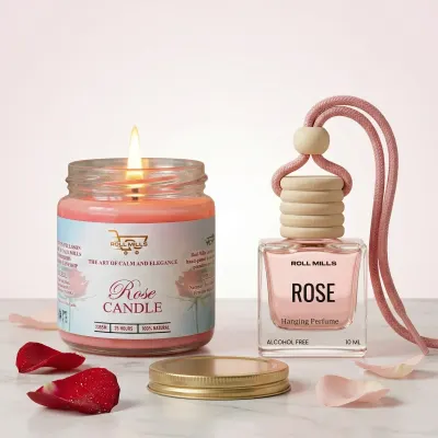 Rose Luxury Combo Set – 100% Soy Wax Scented Candle (120g, 40 Hours Burn) + Alcohol-Free Rose Car Hanging Perfume (10ml, 45 Days Long Lasting) | Gift Set for Car & Home Fragrance
