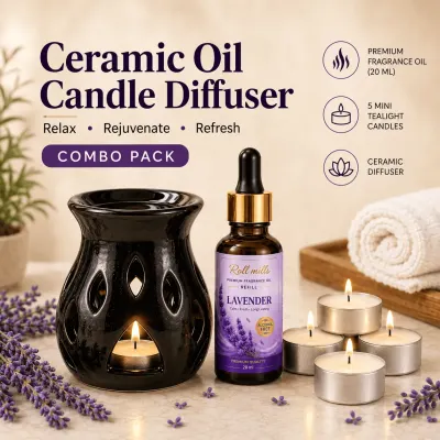 Rollmills Ceramic Candle Oil Diffuser Set – Lavender | 20ml Fragrance Oil, 5 Mini Tea Light Candles & Ceramic Burner
