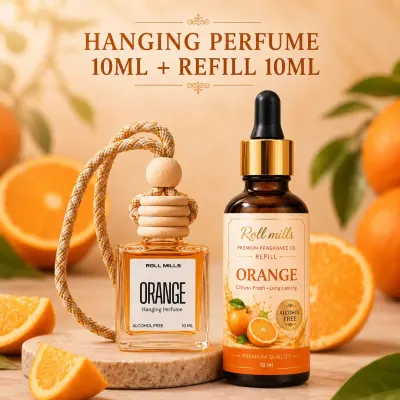 Orange Premium Alcohol-Free Hanging Perfume – 10ml Fresh Citrus Aroma Diffuser | Roll Mills 10 ml + 10 ml Refiller 