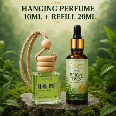 Herbal Twist Premium Alcohol-Free Hanging Perfume – 10ml Natural Fresh Aroma Diffuser | Roll Mills 10 ml + 20 ml Refiller 
