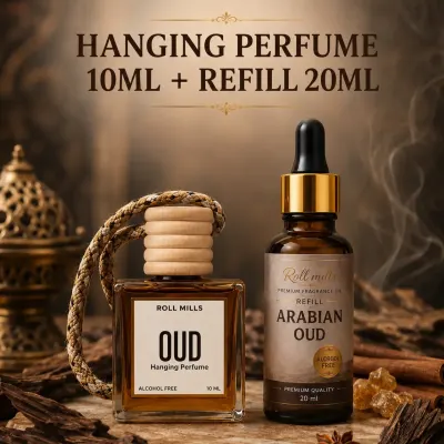OUD Premium Alcohol-Free Hanging Perfume – 10ml Luxury Long-Lasting Wooden Cap Fragrance Diffuser || Roll Mills 10 ml + 20 ml Refiller 